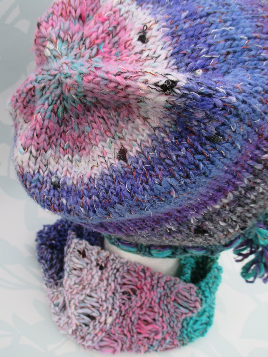 Handknit Noro Hat & Cowl Set. Cotton Silk Wool in Blue, Purple, Grey multi