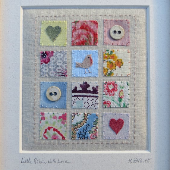 Little Robin with Love, vintage fabrics, can be personalised with inscription