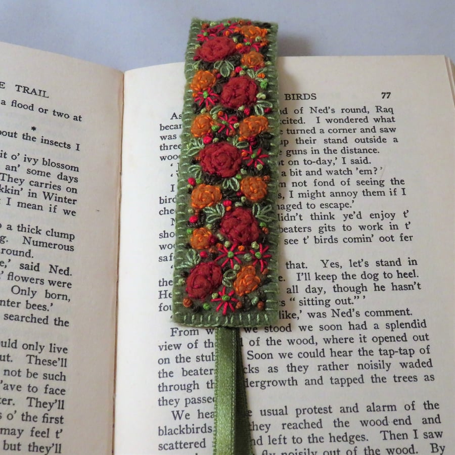 SALE - Russet roses with red anemones Bookmark - embroidered and felted