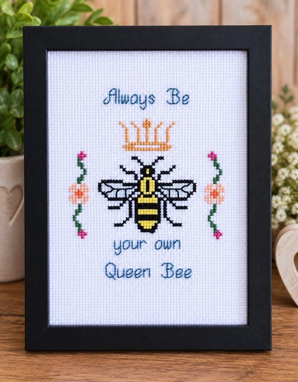 Always Be Your Own Queen Bee – Handmade Framed Cross Stitch Gift 5x7