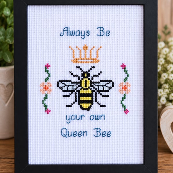 Always Be Your Own Queen Bee – Handmade Framed Cross Stitch Gift 5x7