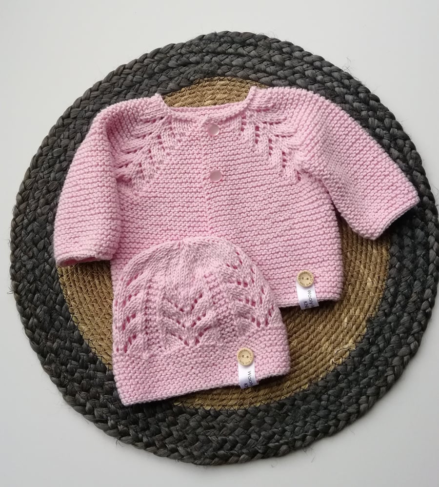 Hand knitted baby cardigan with matching hat