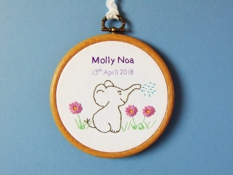 Personalised Baby Elephant Hand Embroidered Hoop - Baby Gift - Nursery Decor