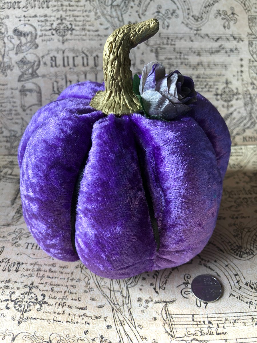 Purple Crushed Velvet Flower Pumpkin With Gold Stalk
