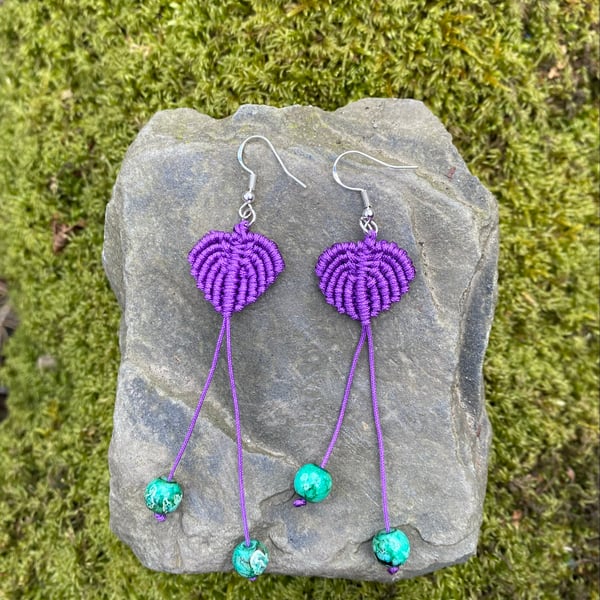 Purple leaf drop macrame earrings