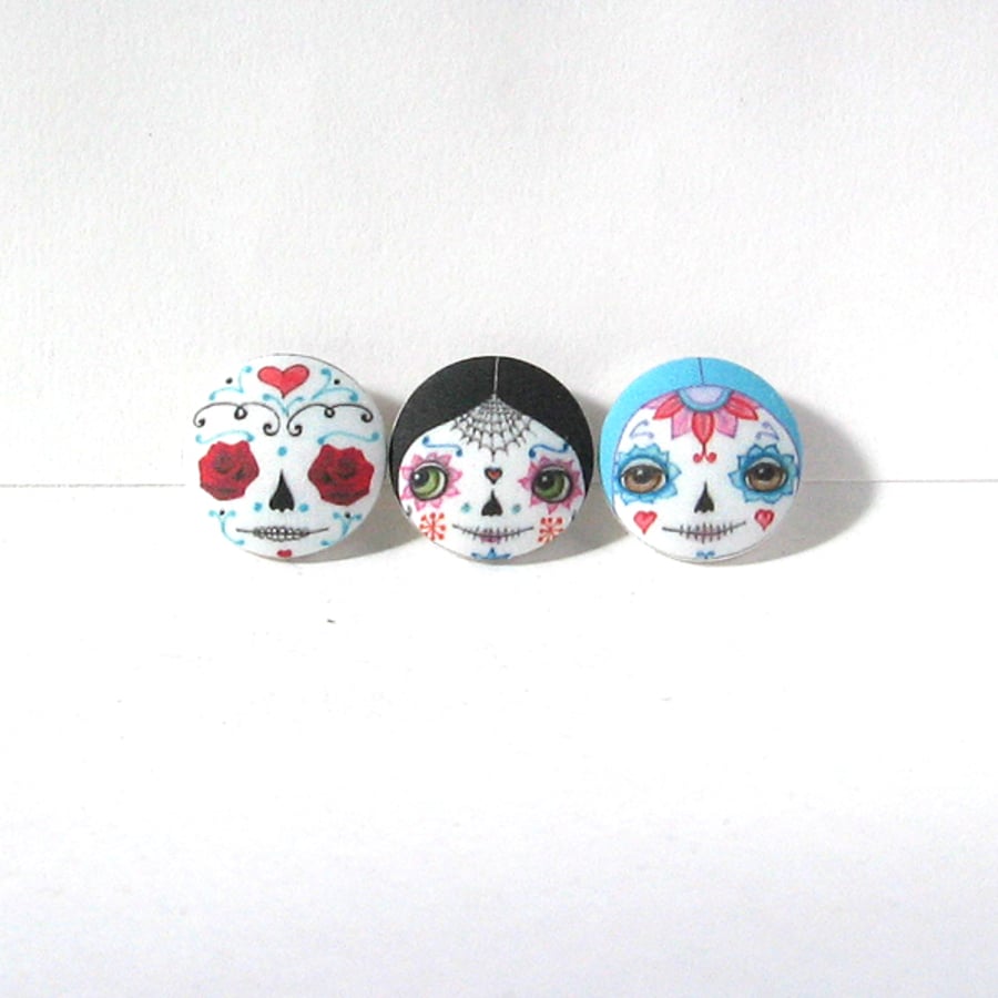 Day of the Dead Sugar Skull Doll Face Buttons (Set of 3)