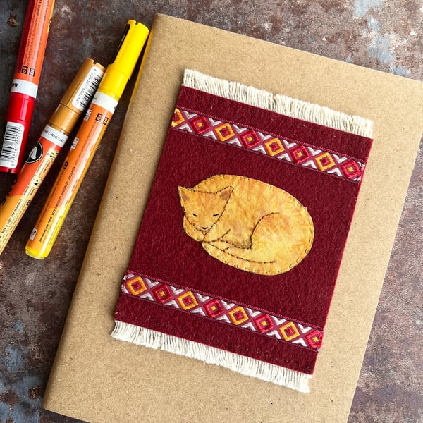 ON SALE: Decorated A5 sketchbook, textile tabby cat, gift for cat lover
