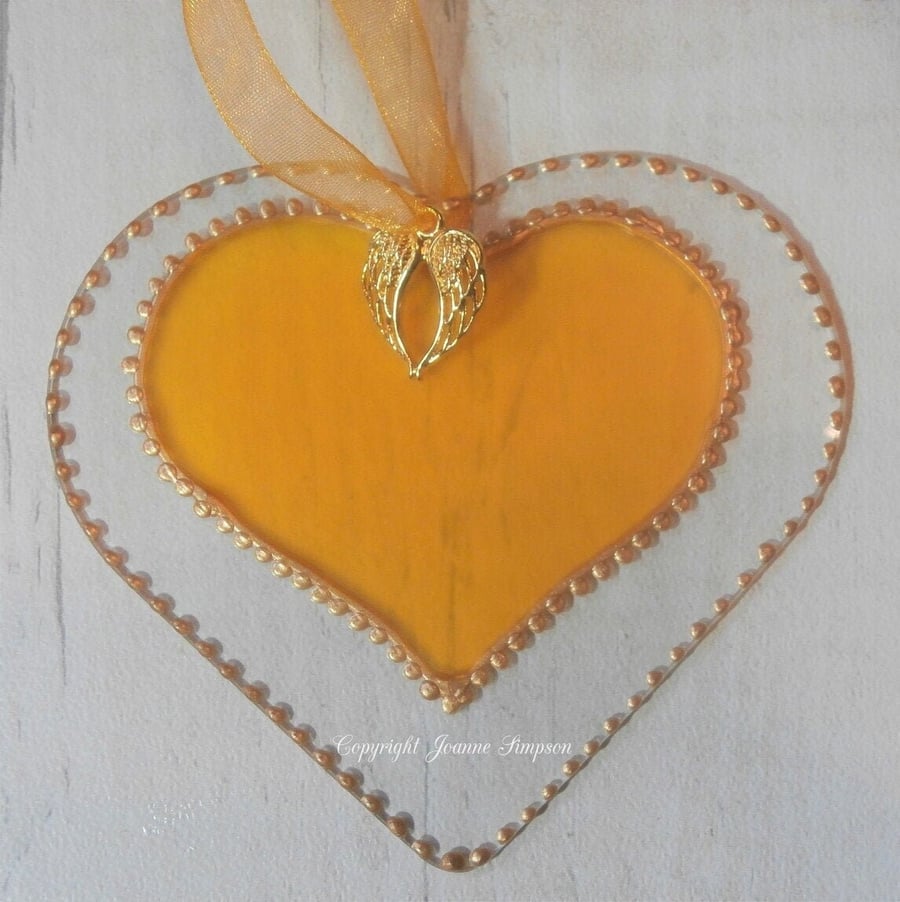 Yellow heart  sun catcher decoration, Hand painted 
