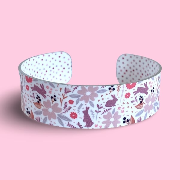 Rabbit cuff bracelet, pastel pink, pet bunny metal bangle. B758