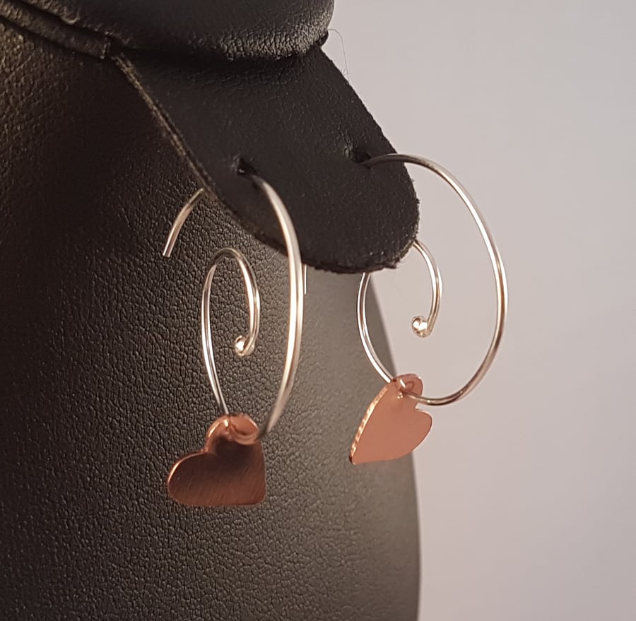 Sterling Silver and Copper Heart Spiral Drop Dangle Earrings