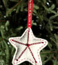A Red and white star tree decorations with metallic thread and seed beads  - Image 5
