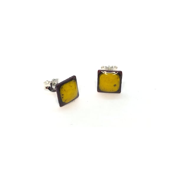 Yellow enamel square stud earrings