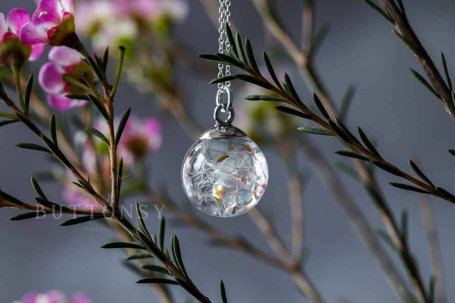 Dandelion Bubble Globe Necklace - Iridescent Bubble Jewellery - Sterling Silver