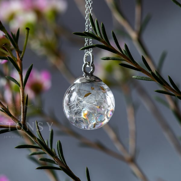 Dandelion Bubble Globe Necklace - Iridescent Bubble Jewellery - Sterling Silver
