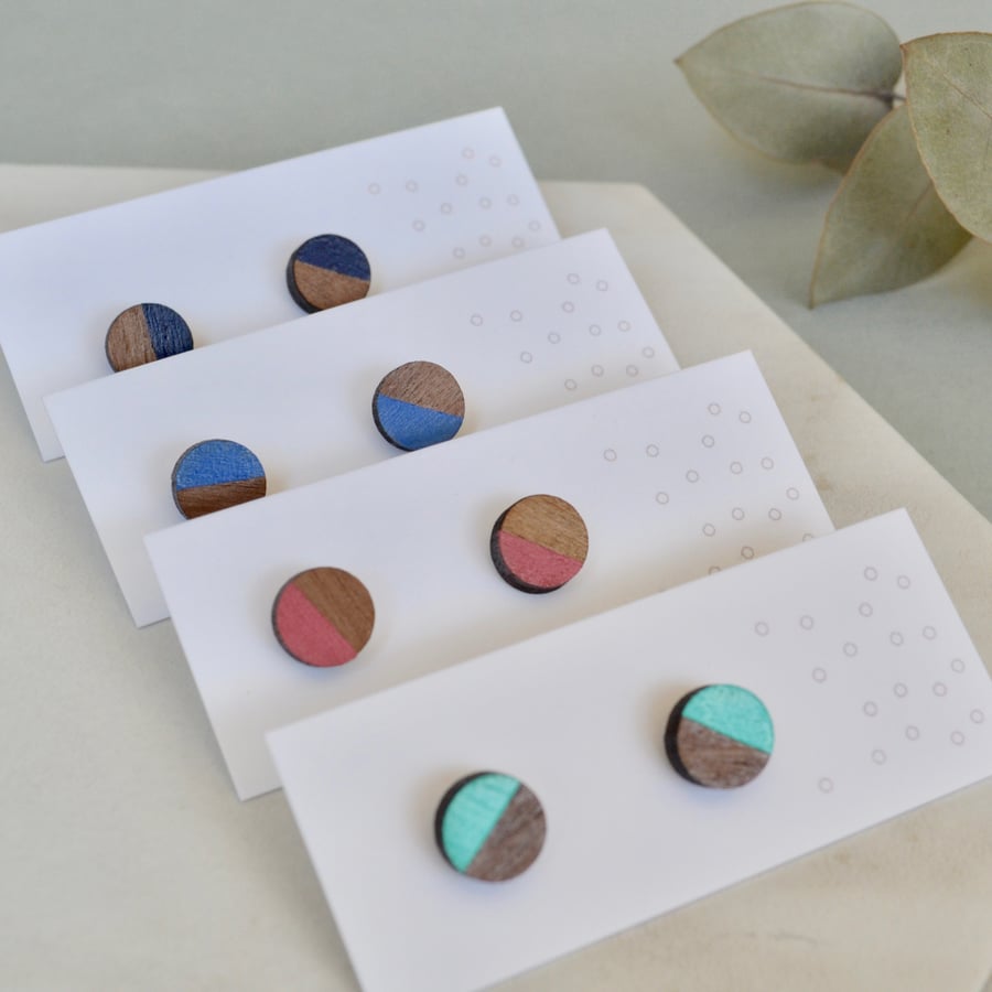 Mini half painted circle stud wooden earrings