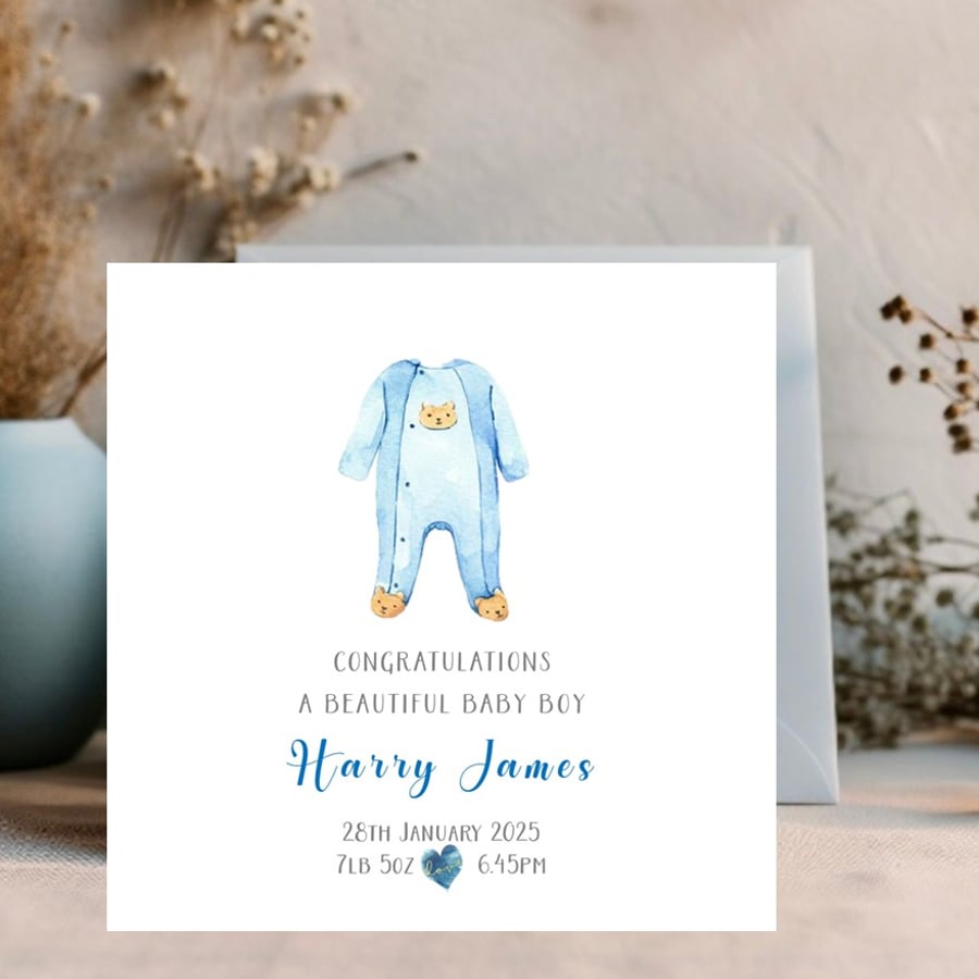 Watercolour Baby Gro design - Personalised New Baby Boy Card