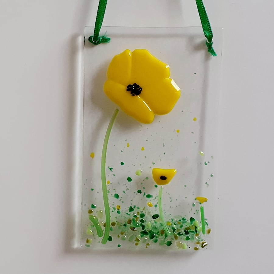 Fused glass yellow Welsh poppy suncatcher hanging decoration