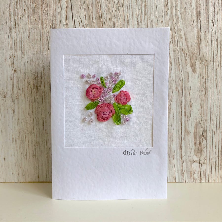 Birthday card - floral flower posy bouquet of embroidered roses, silk ribbon