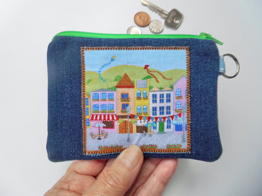 Coin purse denim pretty town scene 