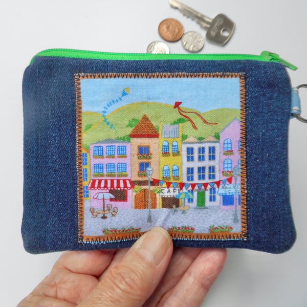 Coin purse denim pretty town scene 