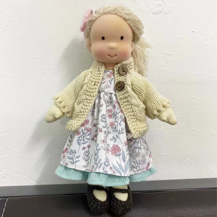 Akili - Handmade Rag Girl Doll in Floral Dress and Cream Cardigan