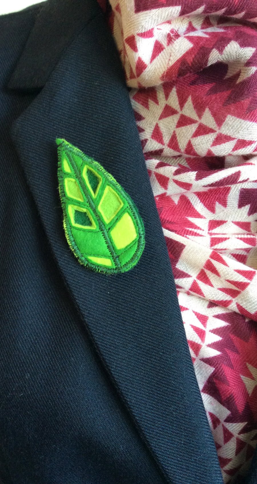 Felt leaf brooch, shades of green