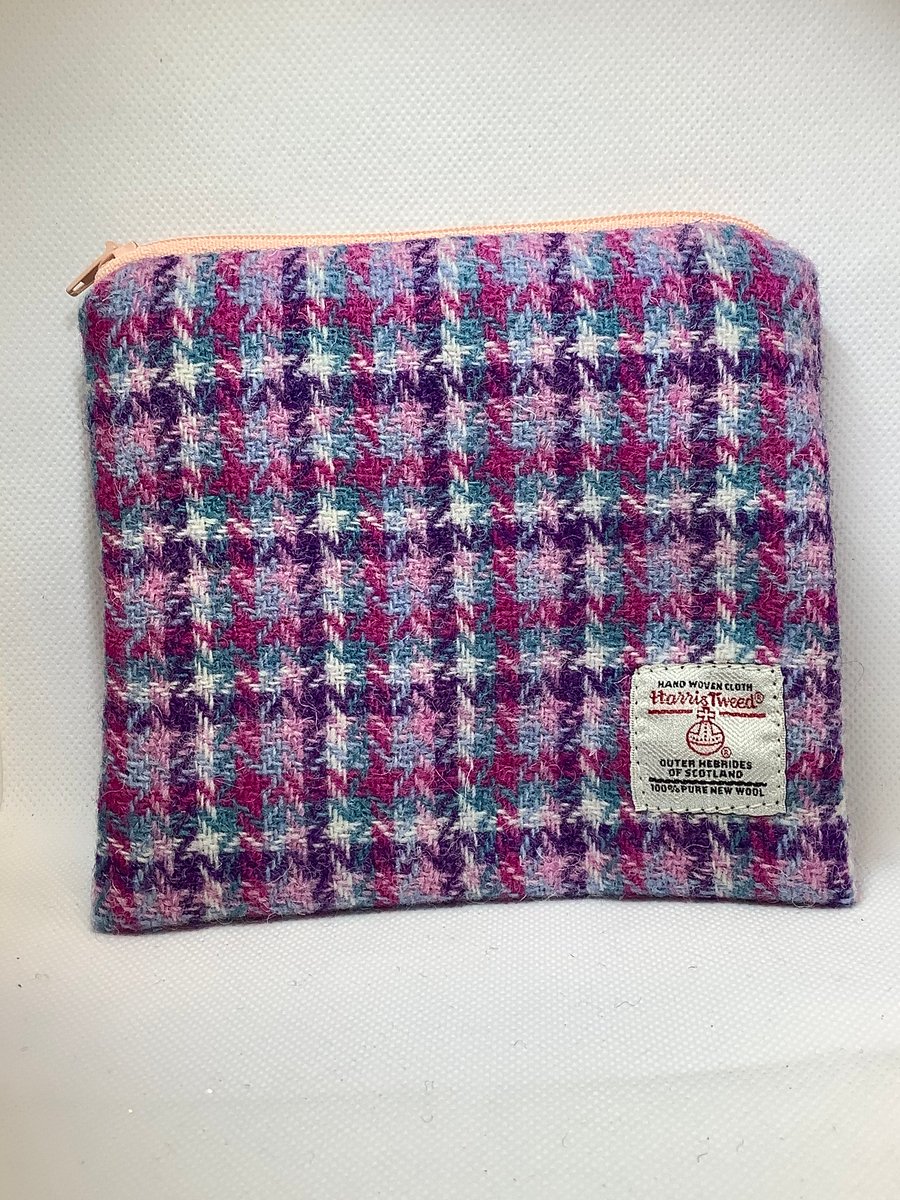 Pastel Pink Check Harris Tweed coin purse ,Zip pouch