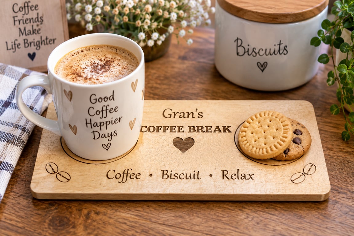Personalised Coffee Break Board – Wooden Mug & Biscuit Tray – Gift for Gran, Mum