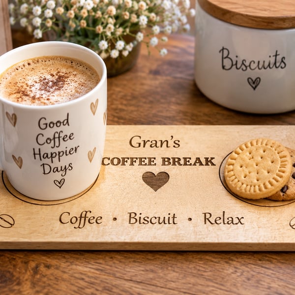 Personalised Coffee Break Board – Wooden Mug & Biscuit Tray – Gift for Gran, Mum