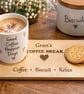 Personalised Coffee Break Board – Wooden Mug & Biscuit Tray – Gift for Gran, Mum