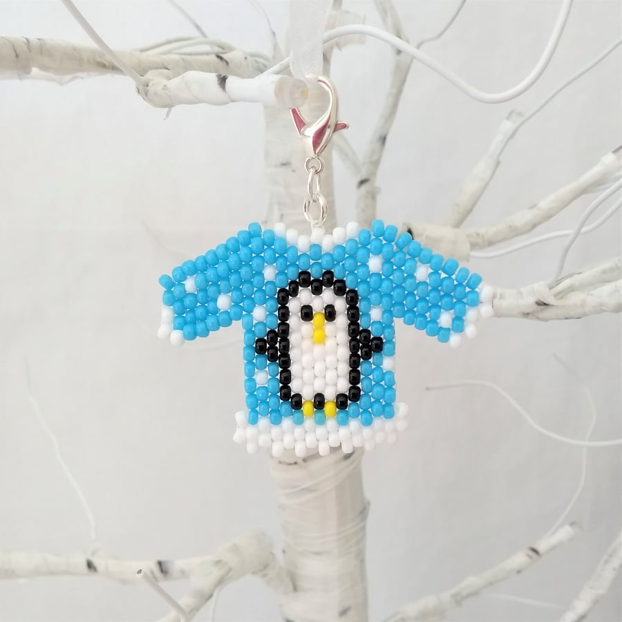 Turquoise Penguin Beaded Christmas Jumper Tree Decoration Charm