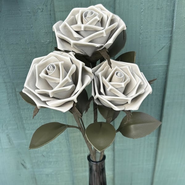 Trio Cream Leather Roses with a glass vase - Unique floral arrangement.