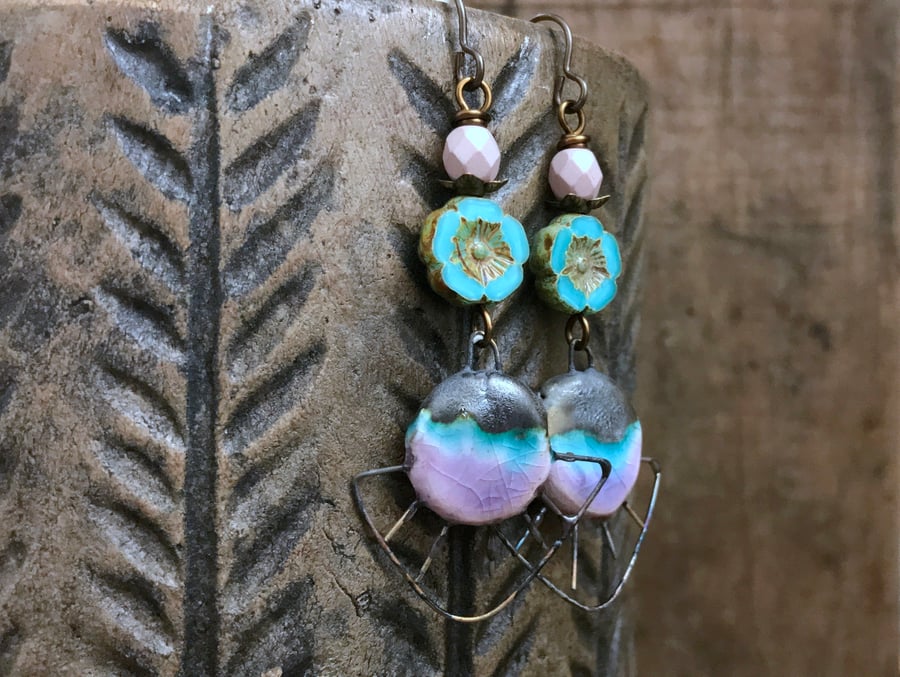 Handmade Turquoise & Pink Ceramic Earrings - Bohemian Statement Jewellery