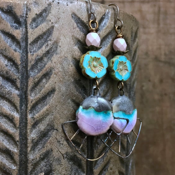 Handmade Turquoise & Pink Ceramic Earrings - Bohemian Statement Jewellery