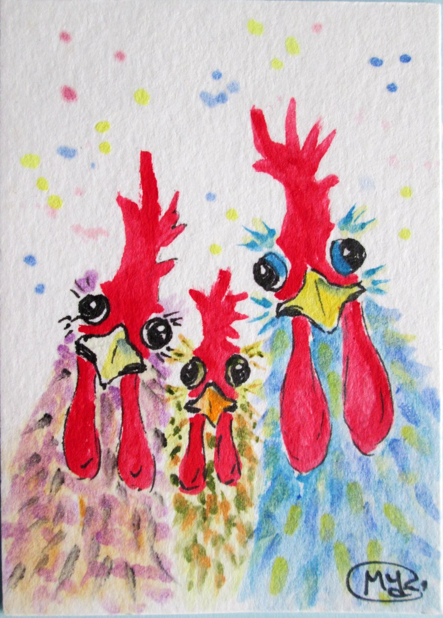 SOLD    Chicken Trio ACEO. Original miniature painting