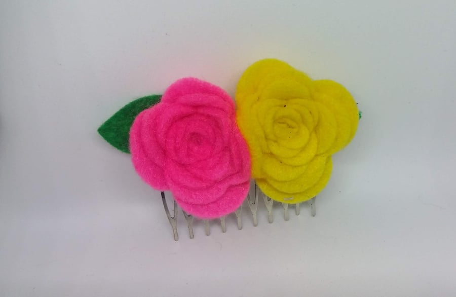 Flower Hair Comb yellow and pink