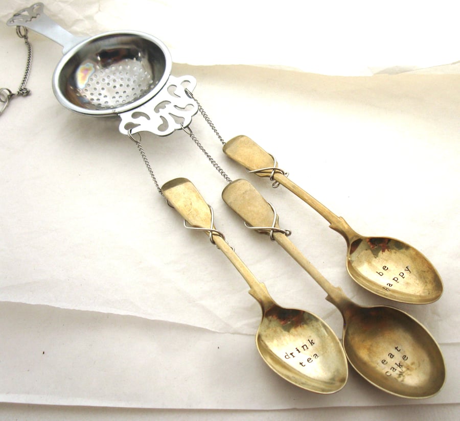 Teaspoon wind chime, handstamped, drink tea eat cake be happy