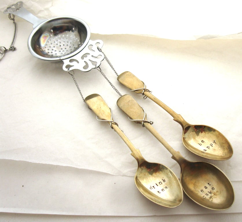 Teaspoon wind chime, handstamped, drink tea eat cake be happy