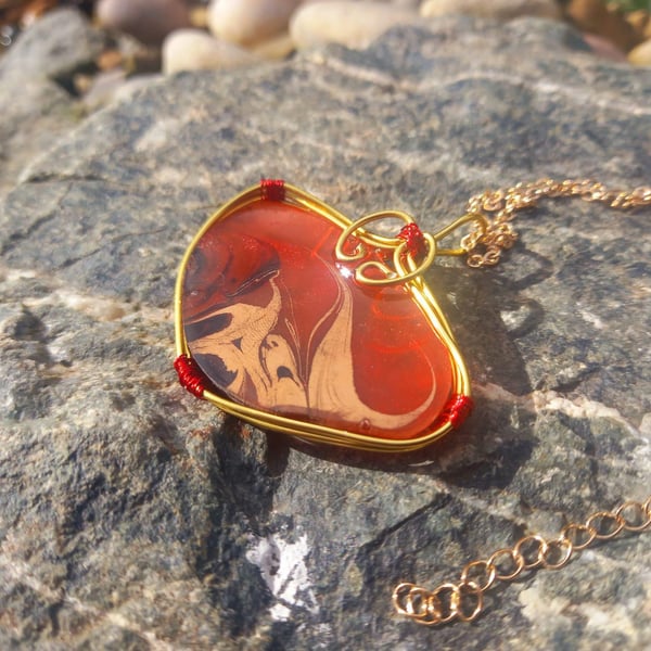 Abstract Red, Coffee and Gold Necklace