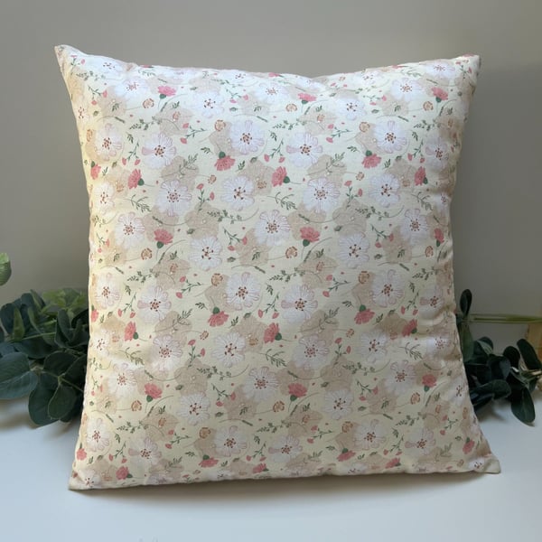 Square Cushion in a Floral Pink & Beige cotton & linen fabric - Home Decor