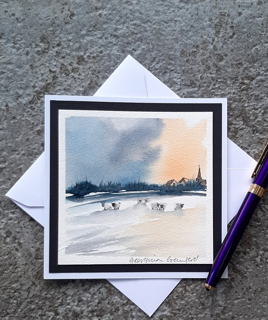 Handpainted Watercolour Blank Card. Snow Sheep. Keepsake