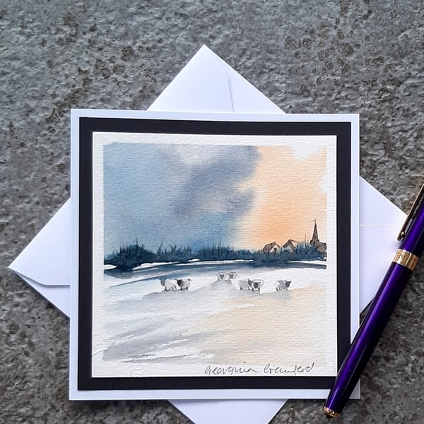 Handpainted Watercolour Blank Card. Snow Sheep. Keepsake