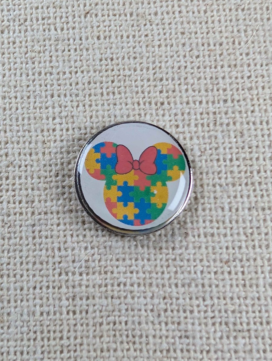 Female Mouse Ears Pin Puzzle Pieces - Autism Awareness Pin - Large Resin Topped 