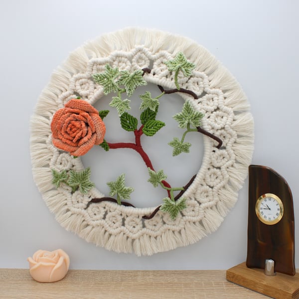 Macrame Rose wall art, fibre rose, macrame flower wall decor