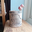 toadstool folk art handmade plant pot ceramic pottery stoneware, added mushrooms