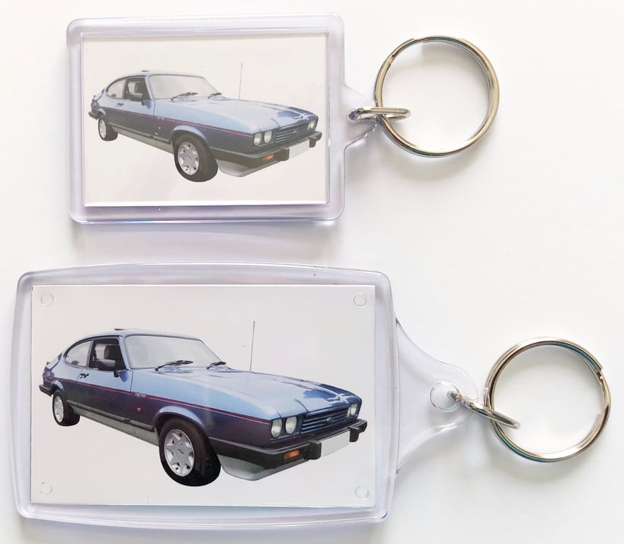 Ford Capri 2.8i 1986 (Blue) - Keyring with 50x35mm or 70x45mm Insert 