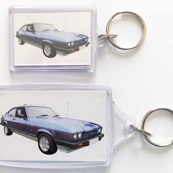Ford Capri 2.8i 1986 (Blue) - Keyring with 50x35mm or 70x45mm Insert 
