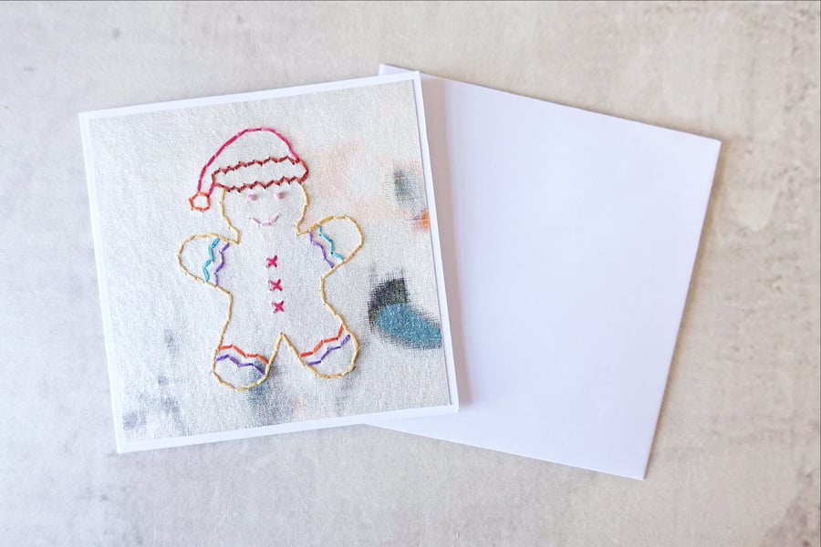 SALE Gingerbread Christmas Card, Luxury Xmas Card, Hand Stitched Card