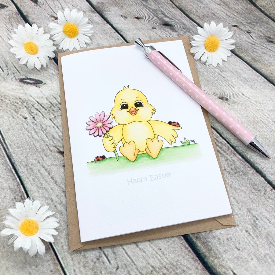 Easter Chick with Flower Card - Easter Card - Cute Easter Card 