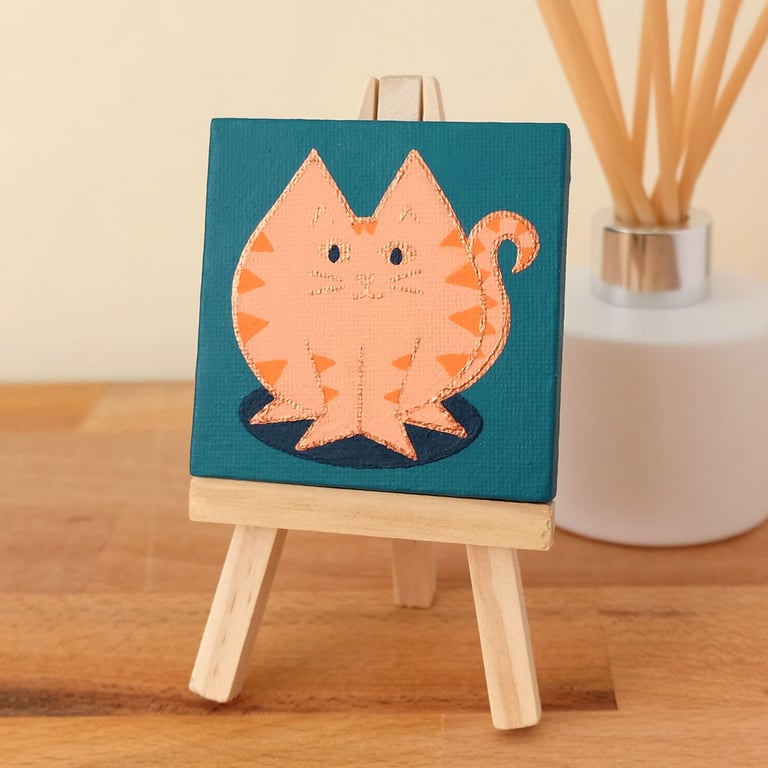 Ginger Cat Miniature Painting - original art on teal mini canvas, cat lover gift